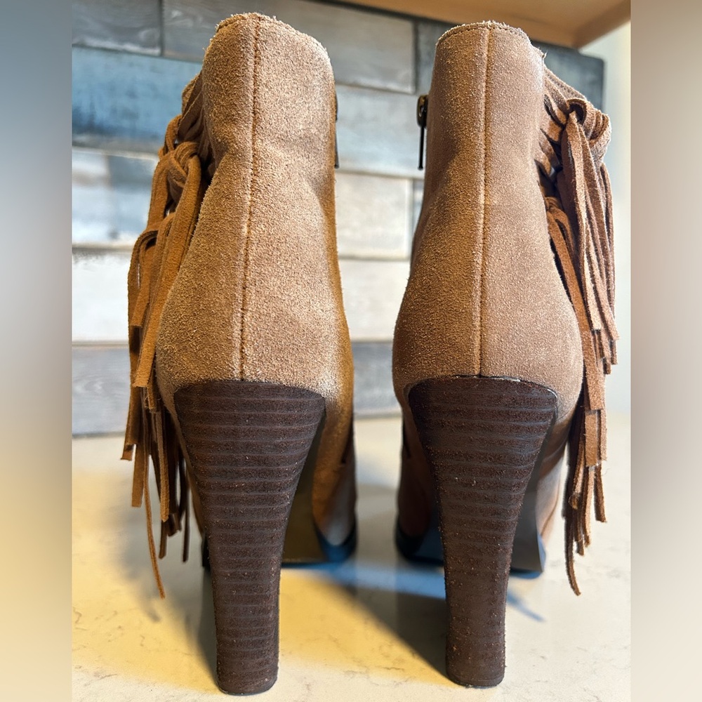 Very Volatile Dreamcatch Suede Leather Fringe Stacked Block Heel Ankle Boots - Picture 9 of 16